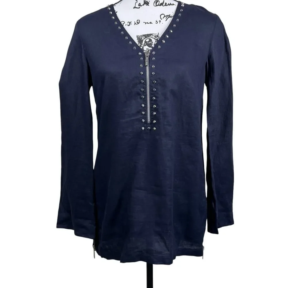 Michael Kors 100% Linen Black Shirt Studded zip Top Blouse Sz Small